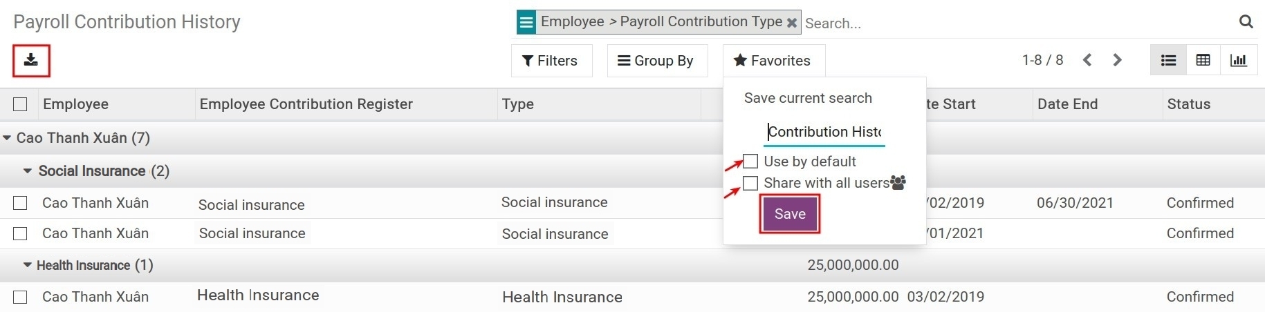 Save to favorites search - Viindoo payroll app
