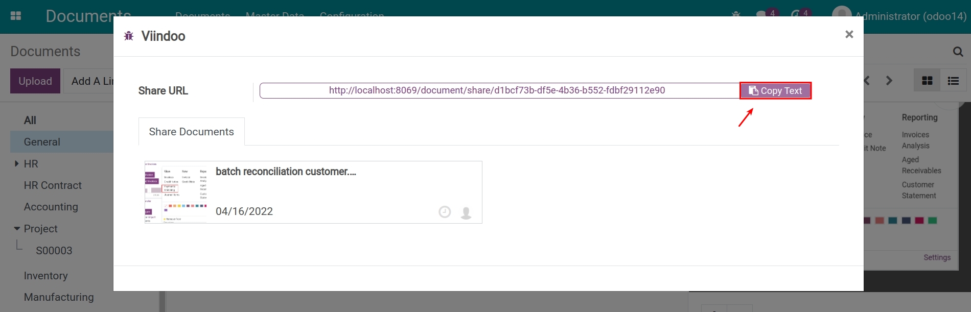 Copy link created to share documents in Viindoo
