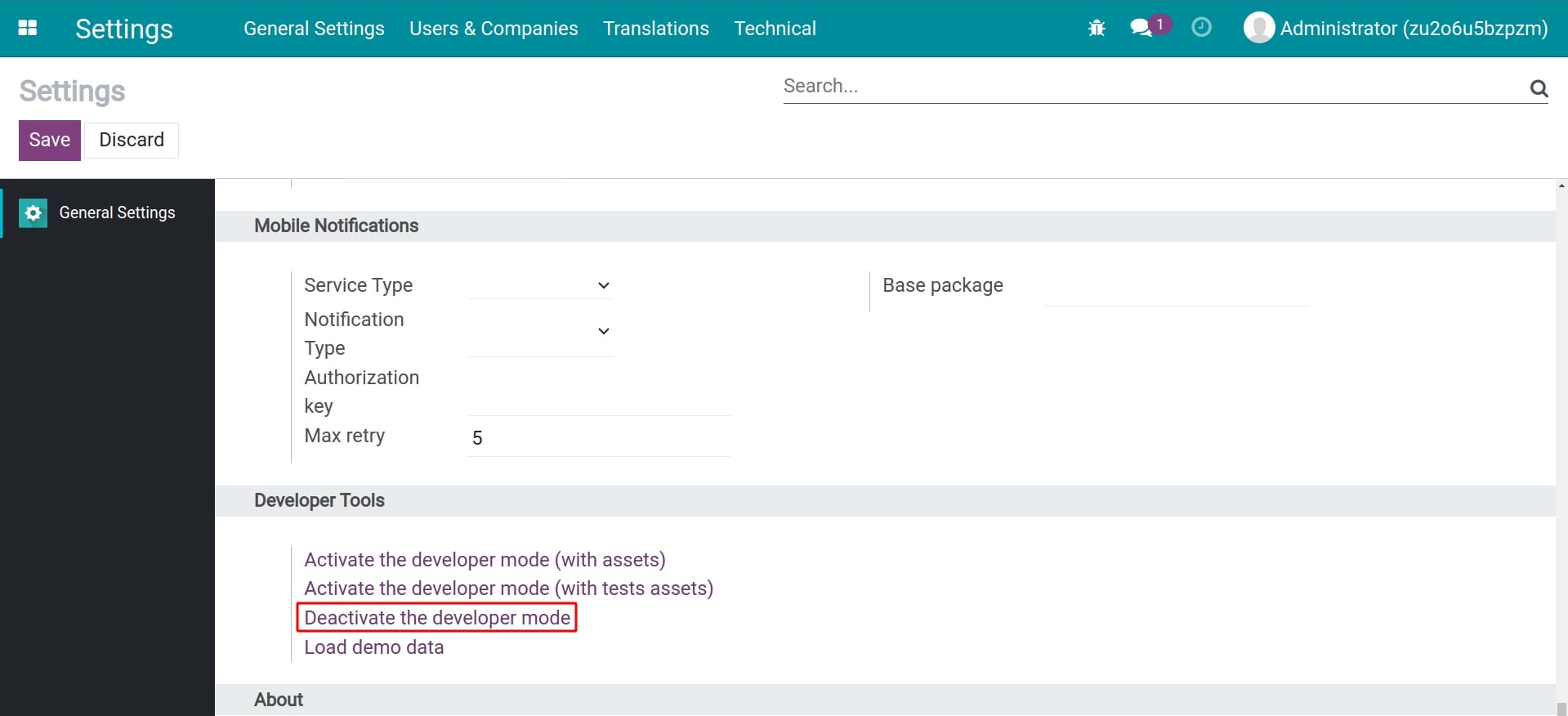 Disable Viindoo developer mode via Viindoo settings