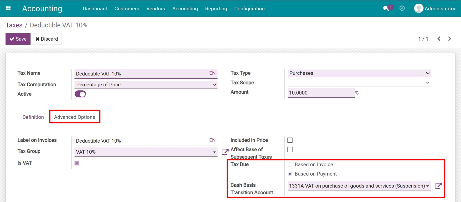 Set up taxes recording when the transaction is paid