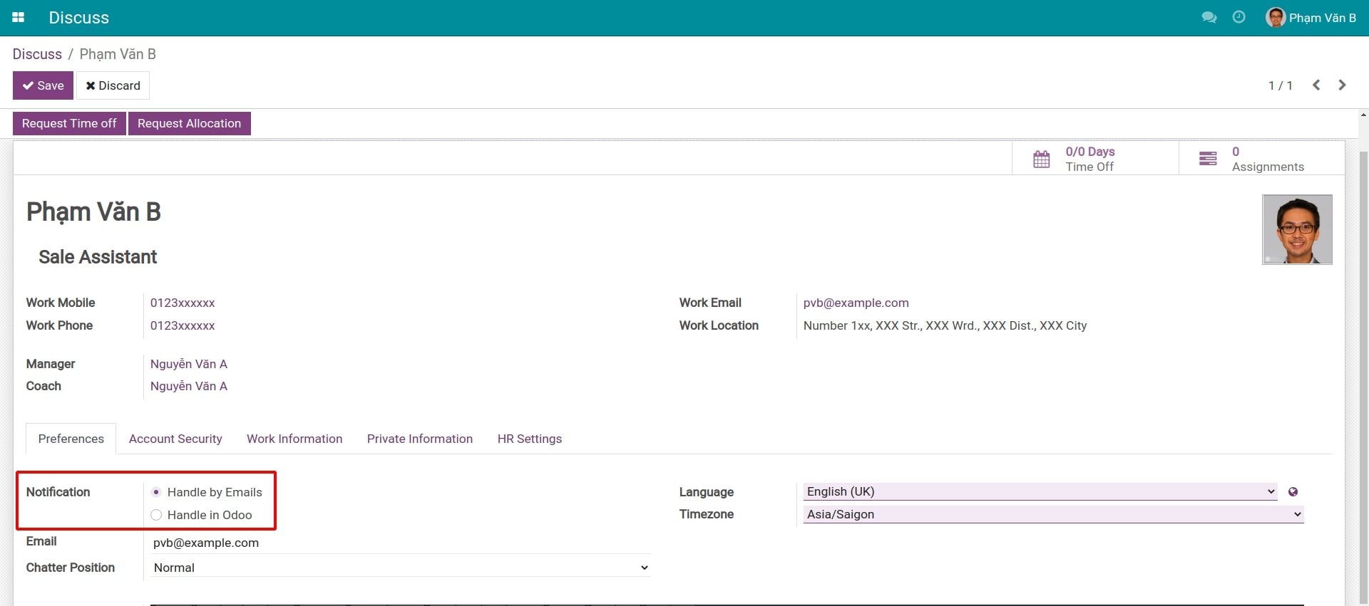 Set up notification on Viindoo Profile