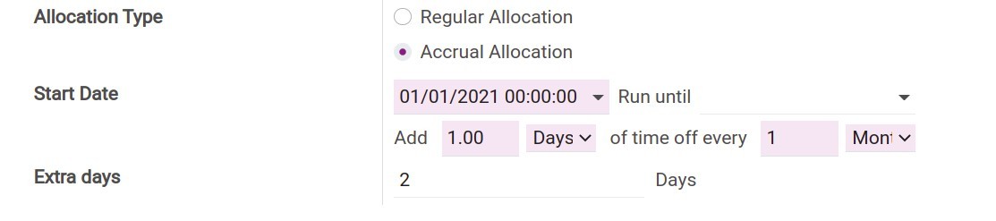 Accrual allocation in Viindoo Time-off Management Application