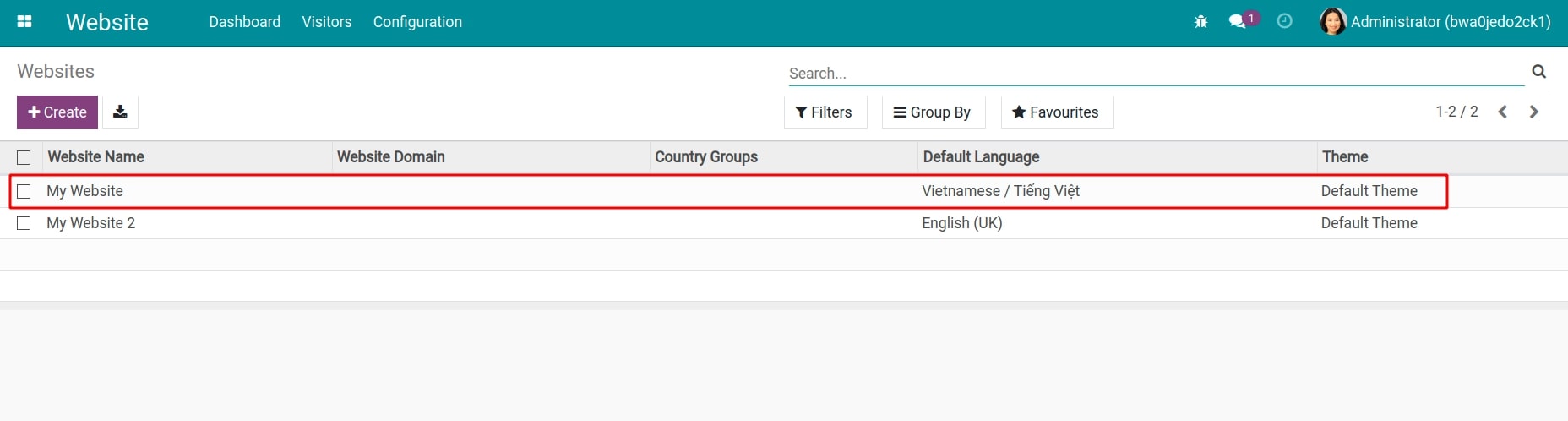 manage websites in Website app Viindoo