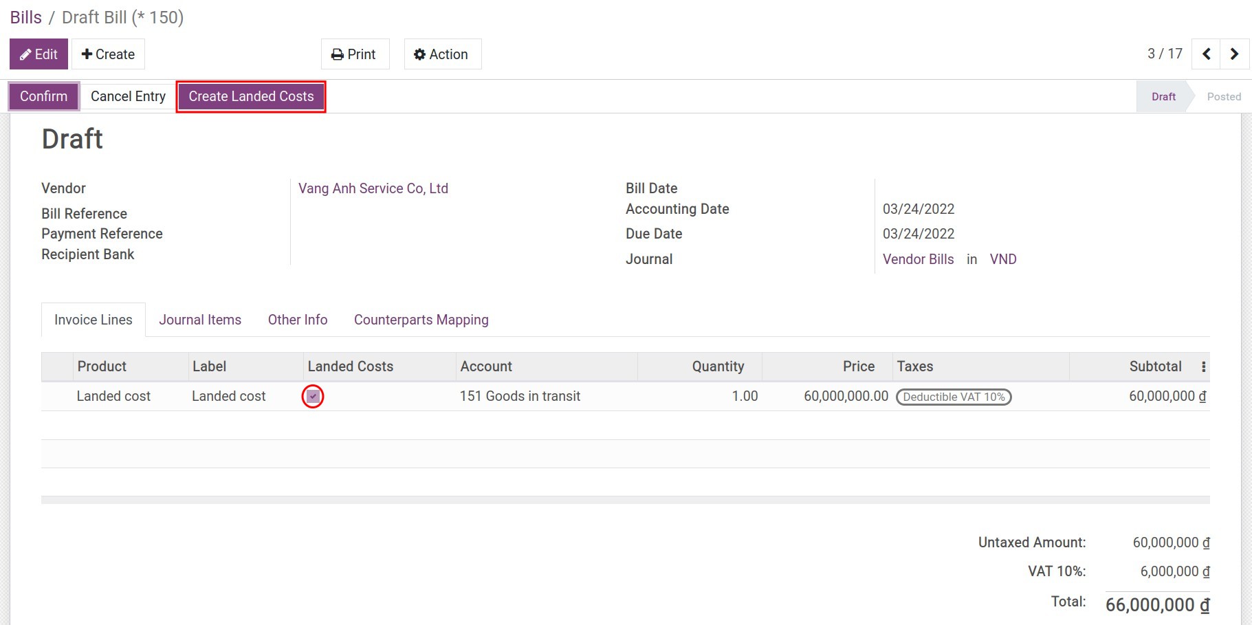 The bill of shipping cost - Viindoo Accounting