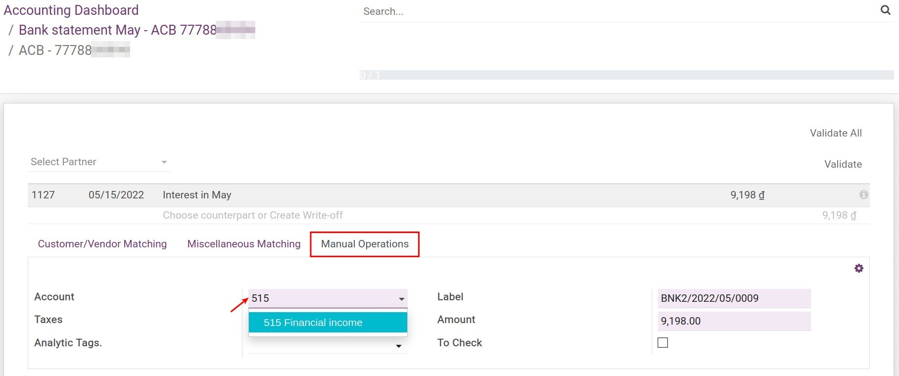 Choose the accounting account of interest