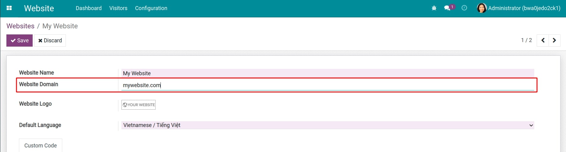 Set the domain name for your site Website menu Vindoo