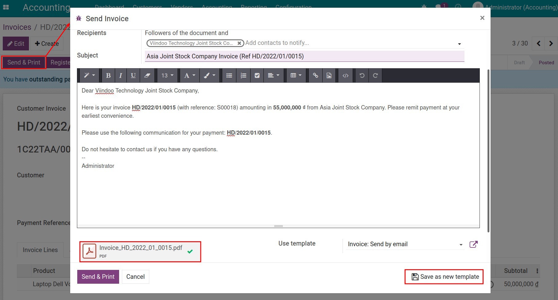 Send an invoice via email - Viindoo accounting app