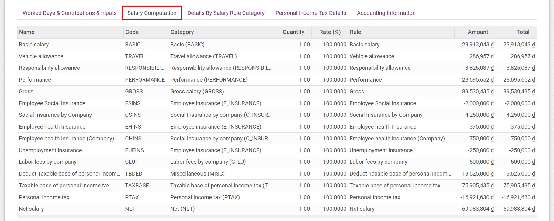 Salary computation tab in Viindoo