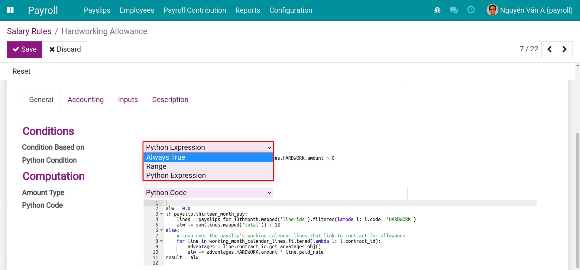 Calculation conditions for salary rule Payroll Viindoo