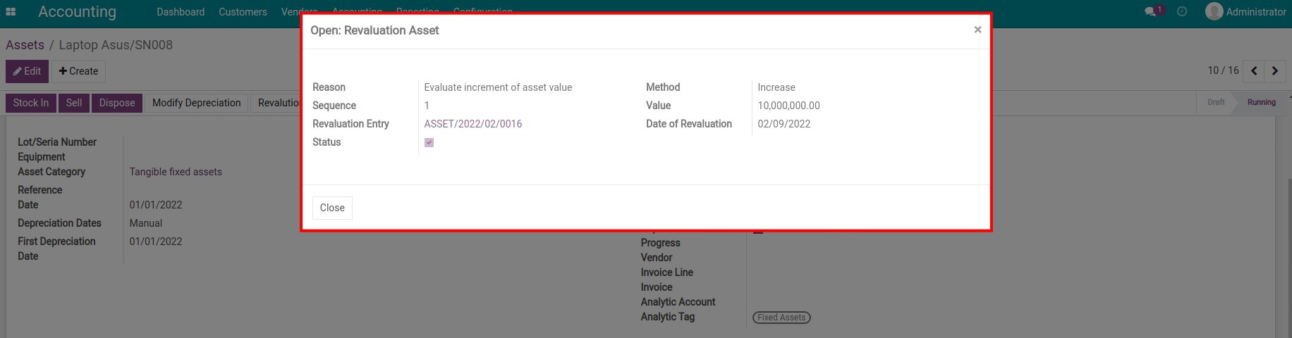 Pop-up window with details information and asset revaluation reason in Viindoo accounting software