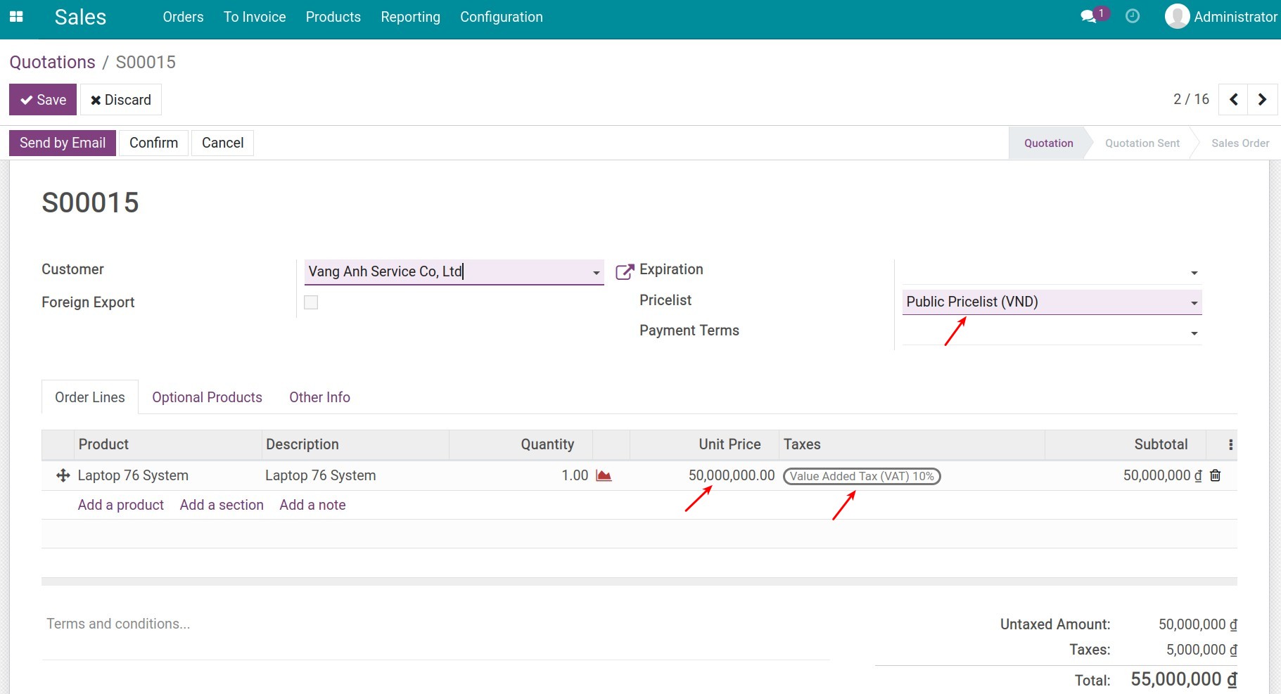 Sales order with price excluding tax - Viindoo Accounting