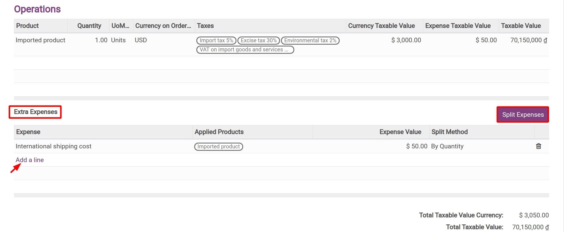 Product information on the import custom clearance request - Viindoo foreign trade management