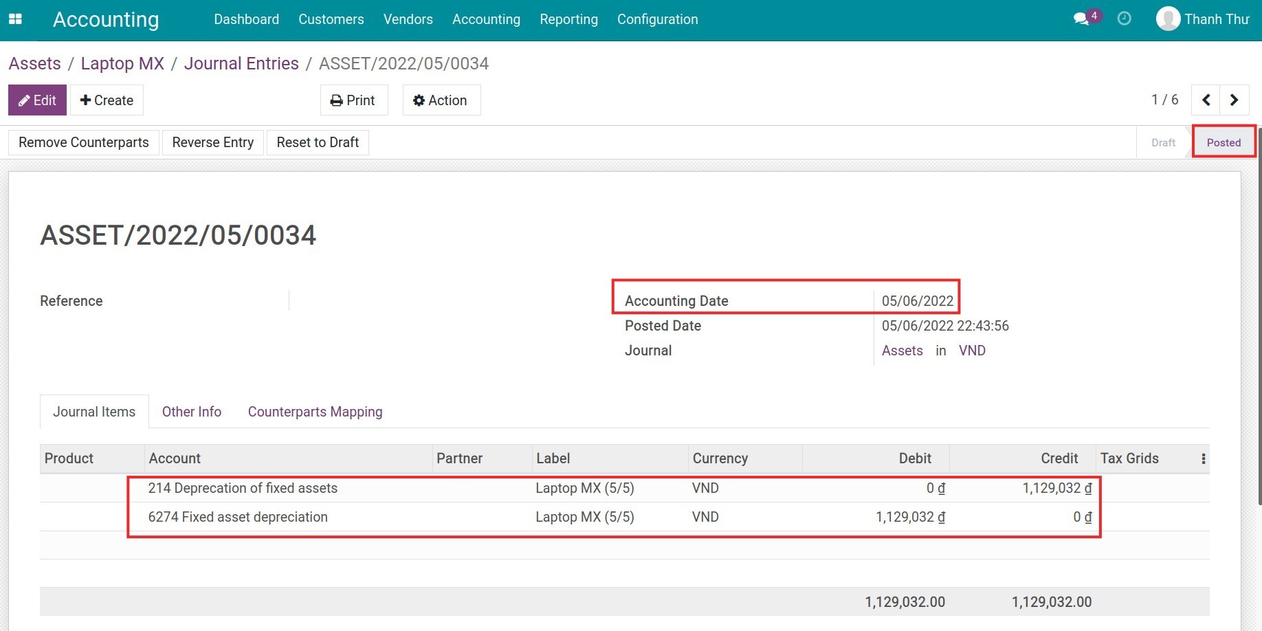 Depreciation adjustment entry on Viindoo
