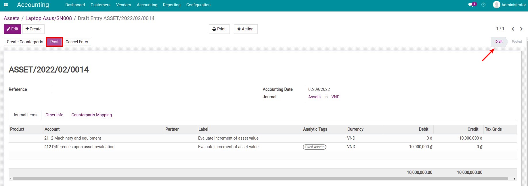Journal entry for asset revaluation in Viindoo accounting app