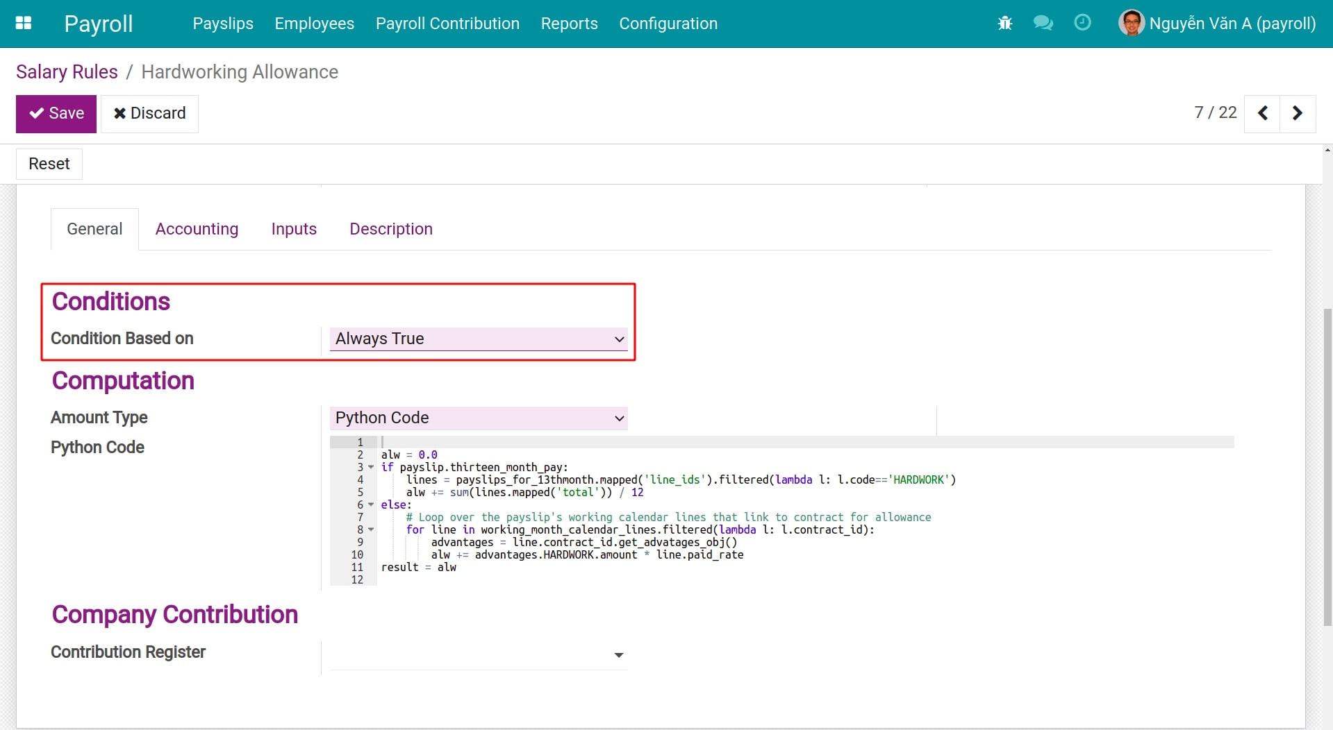 Always True condition Salary Rule Payroll Viindoo