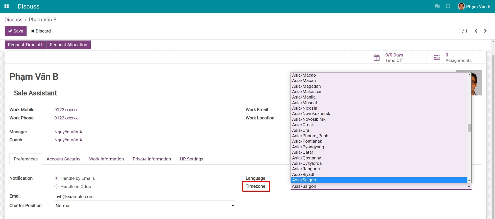 Select a timezone in Viindoo