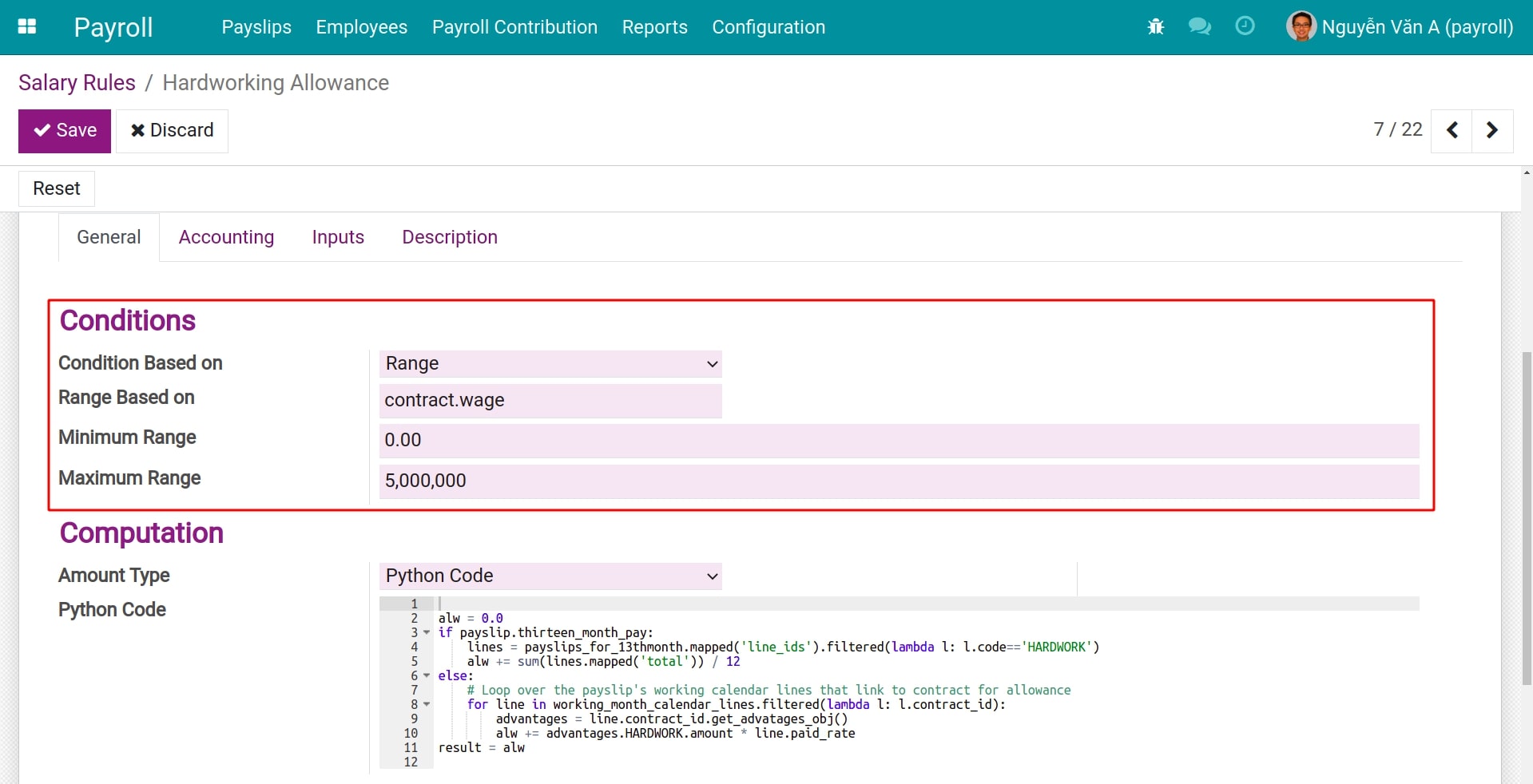 Range condition Salary Rule Payroll Viindoo