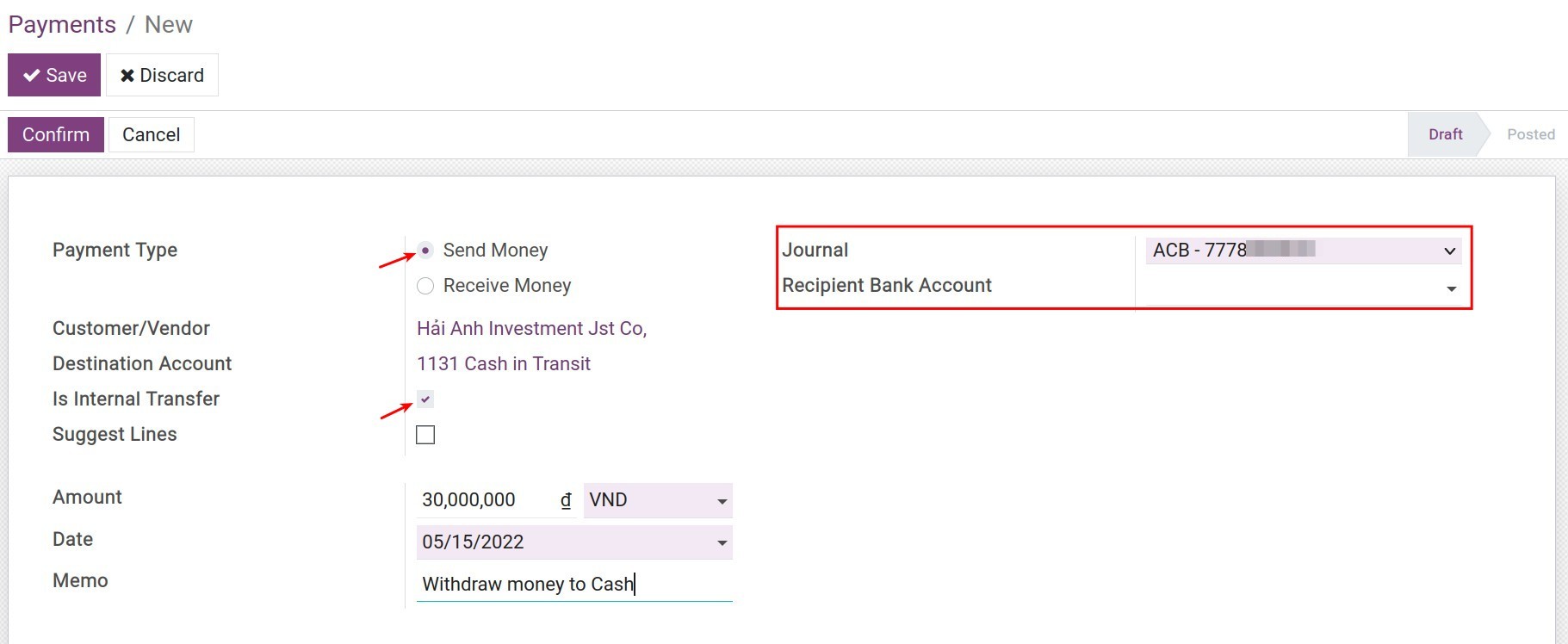 Withdraw money to cash on hand