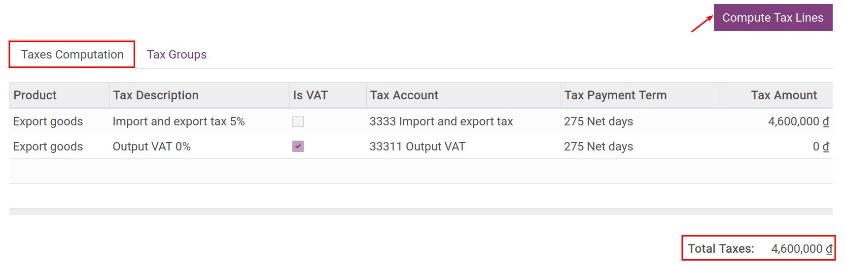 Taxes computation Export Foreign Trade Viindoo