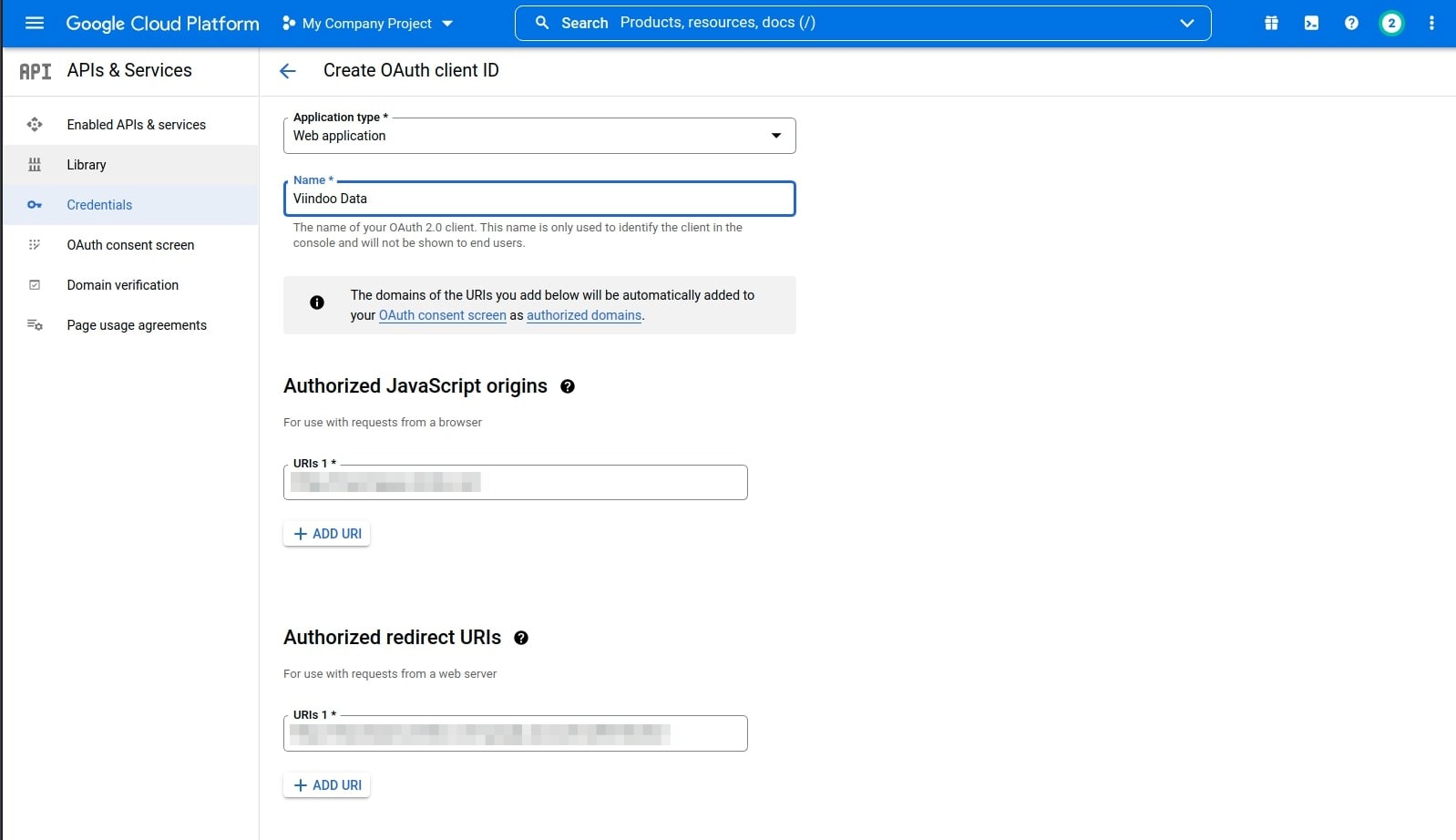 Enter OAuth client ID information in Google APIs platform