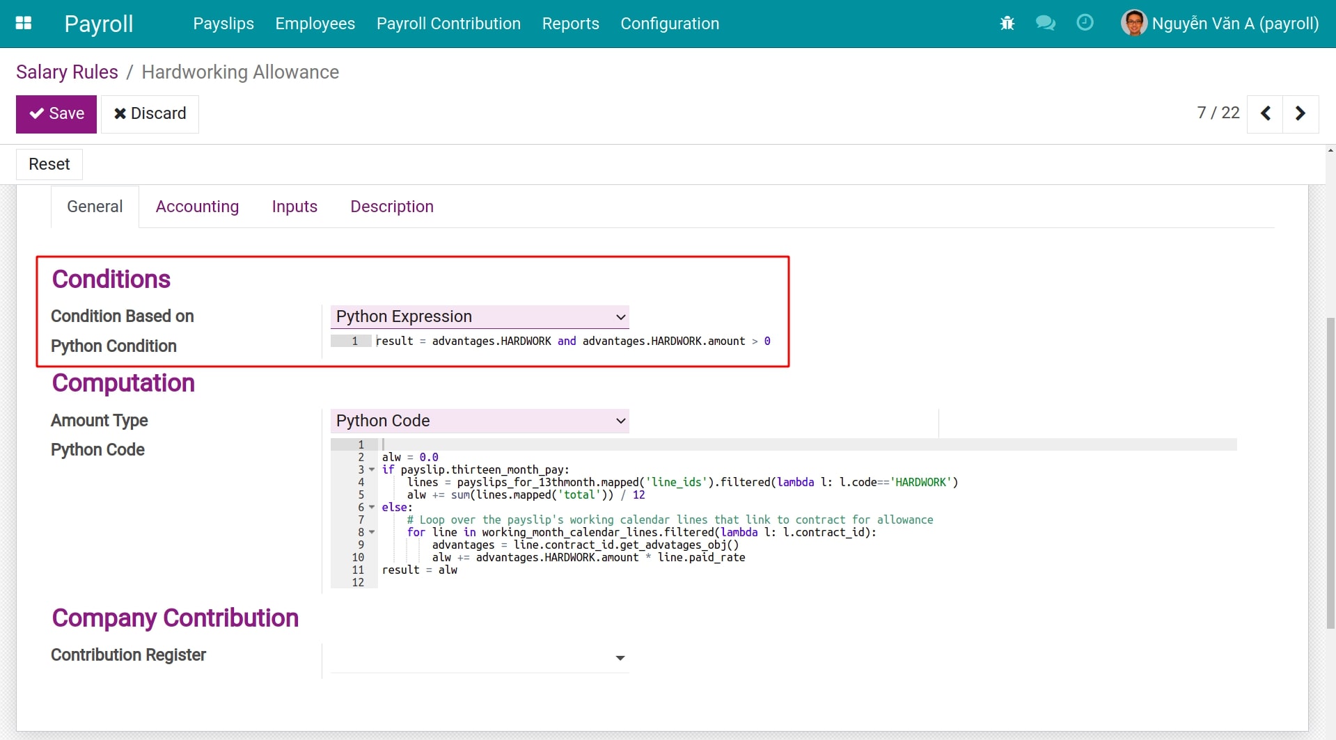 Python expression condition Salary Rule Payroll Viindoo