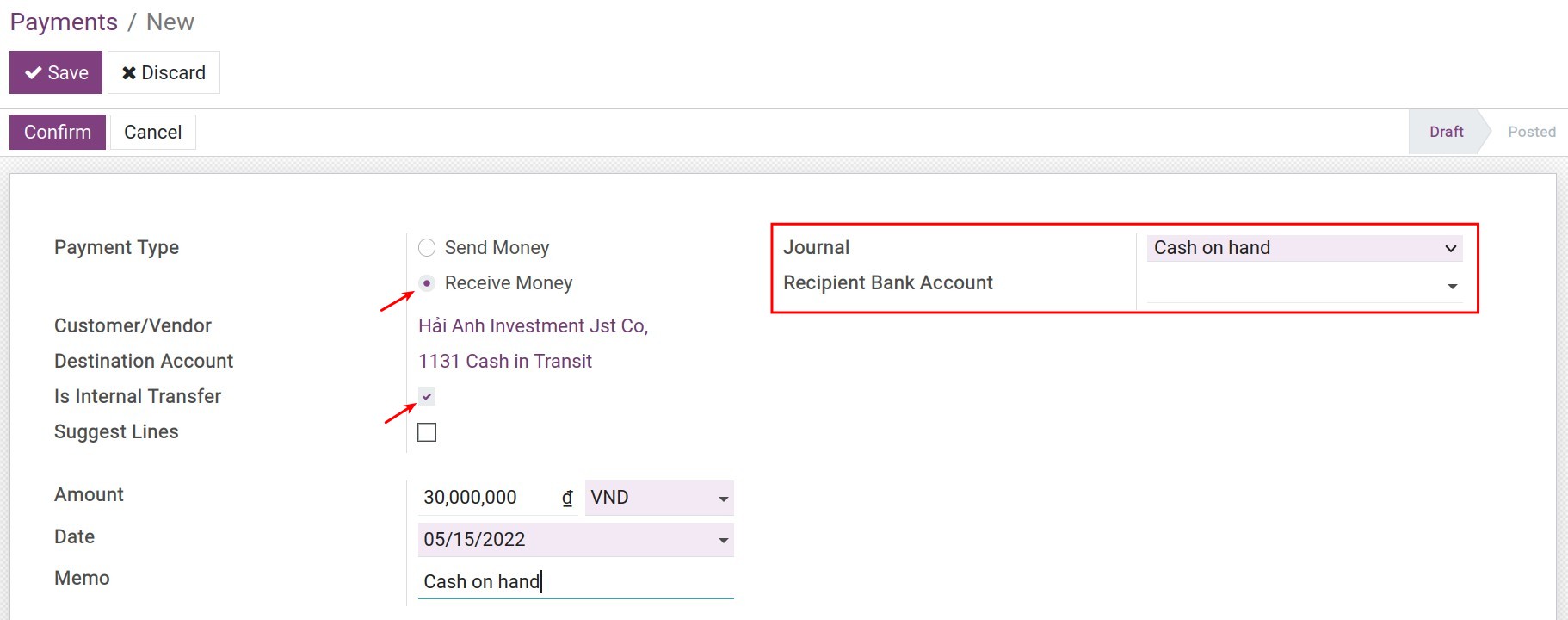Enter into a cash on hand