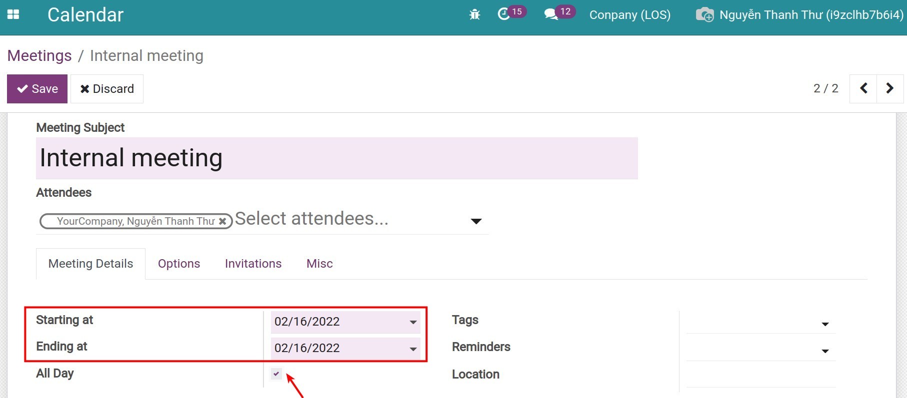the All day option for the long meeting