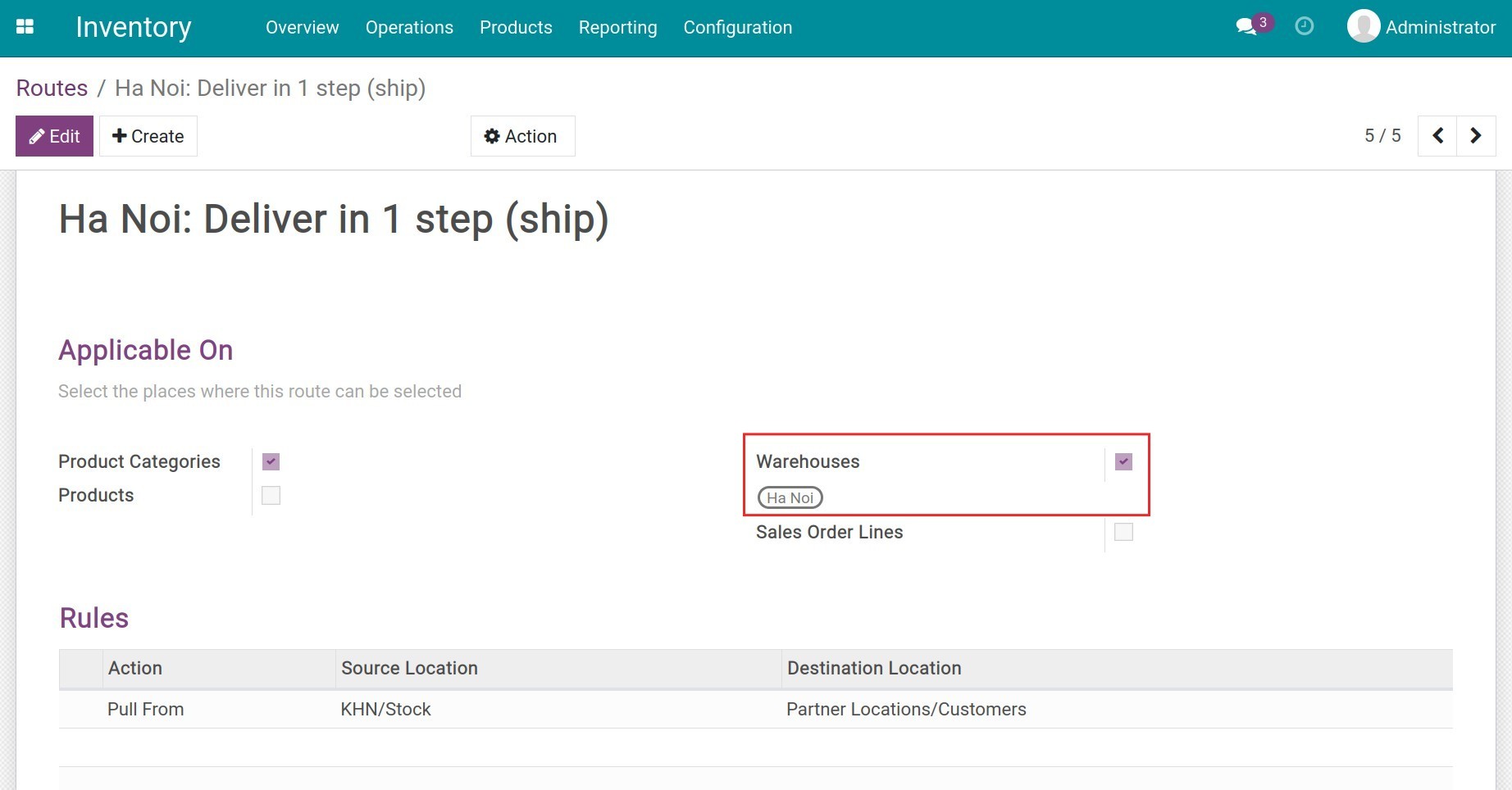 Route configuration on Warehouses Inventory Viindoo