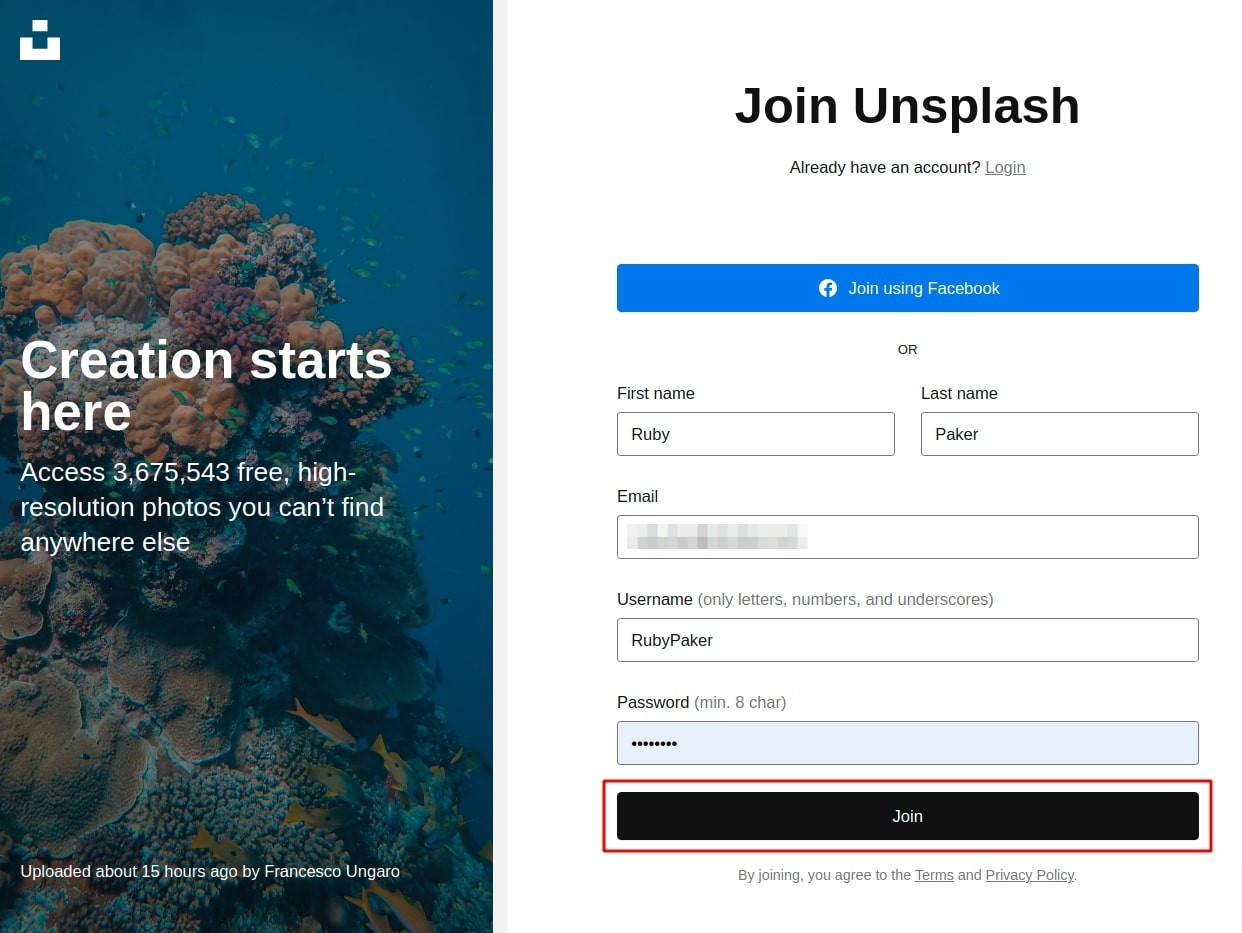Create an Unsplash account