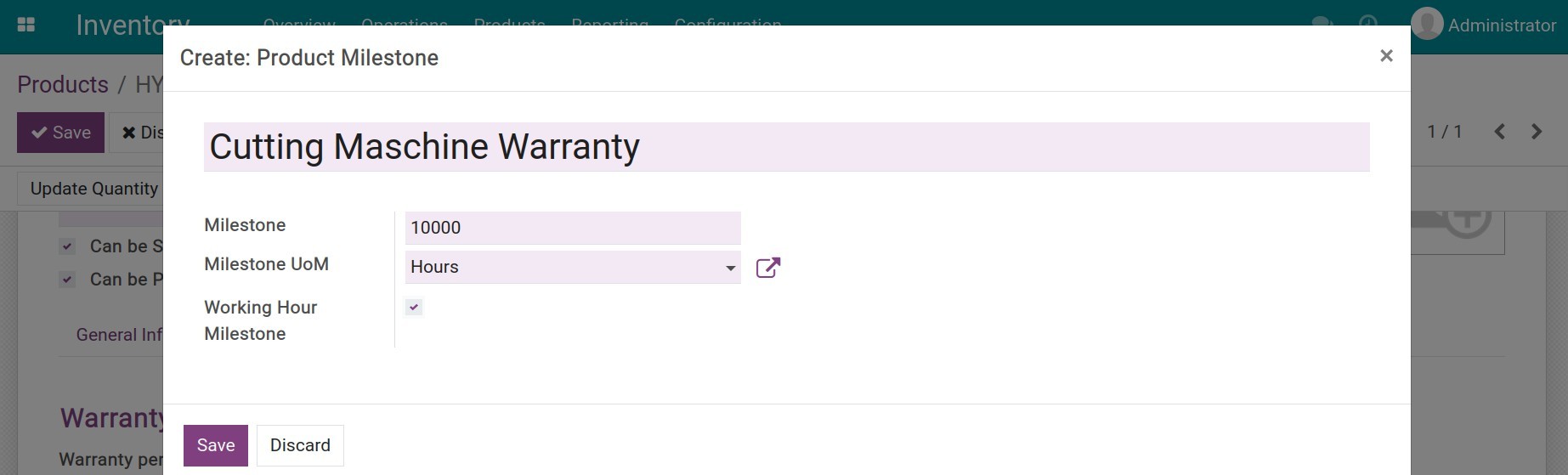 Product milestone for a cutting machine