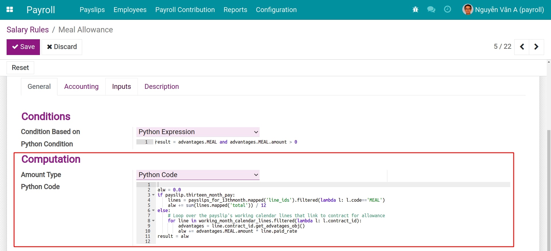 Python expression code calculation formula type Salary Rule Payroll Viindoo