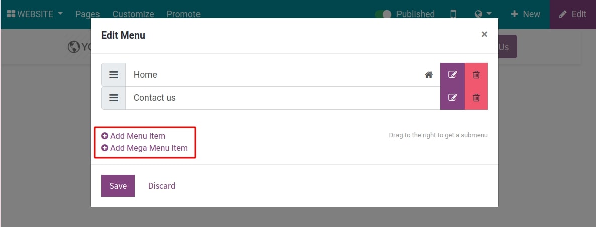 Add menu items and mega menu items to your website