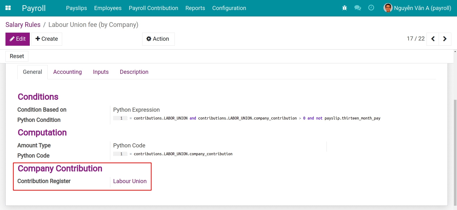 Contribution Registered Third Party on Payslip Payroll Viindoo