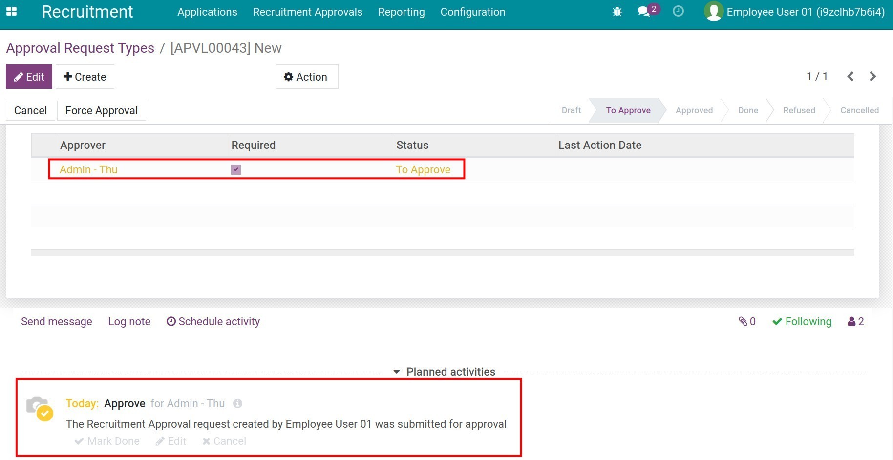 scheduled activity for the approver