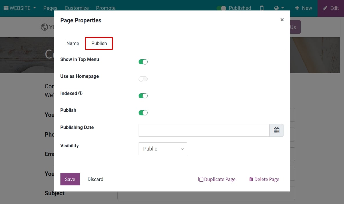 Publish set up in page properties