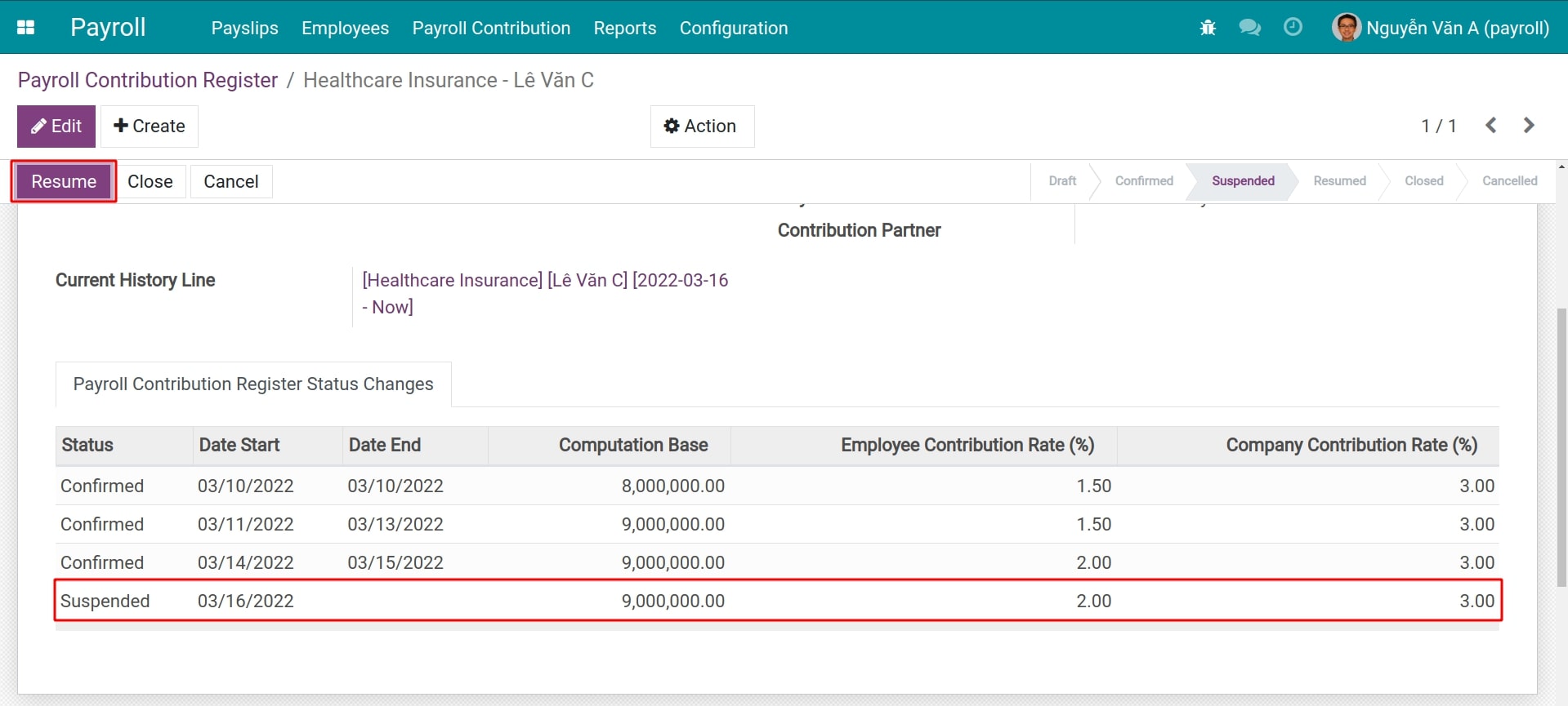 Resume button in the suspended record