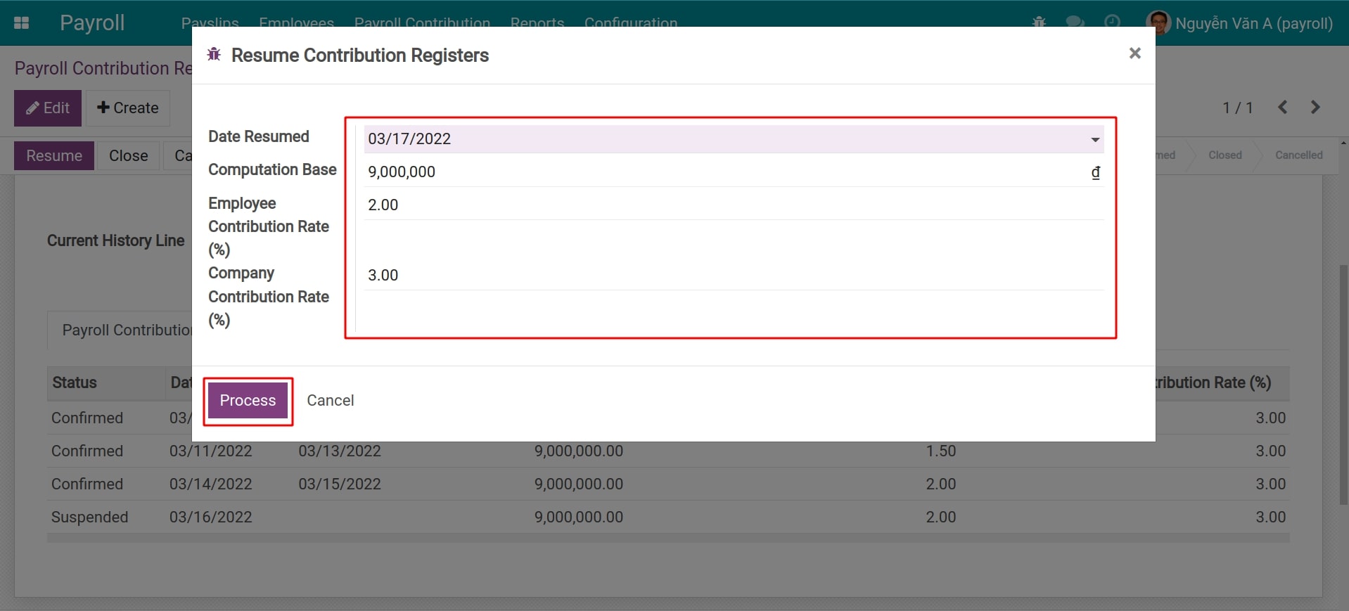 Resume a suspended record of paid insurance