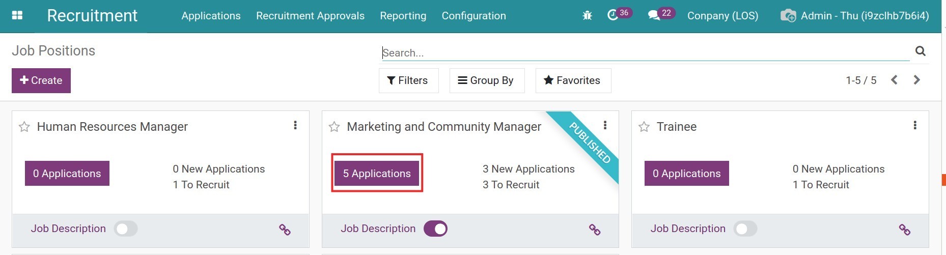 Applications button in Job Positions