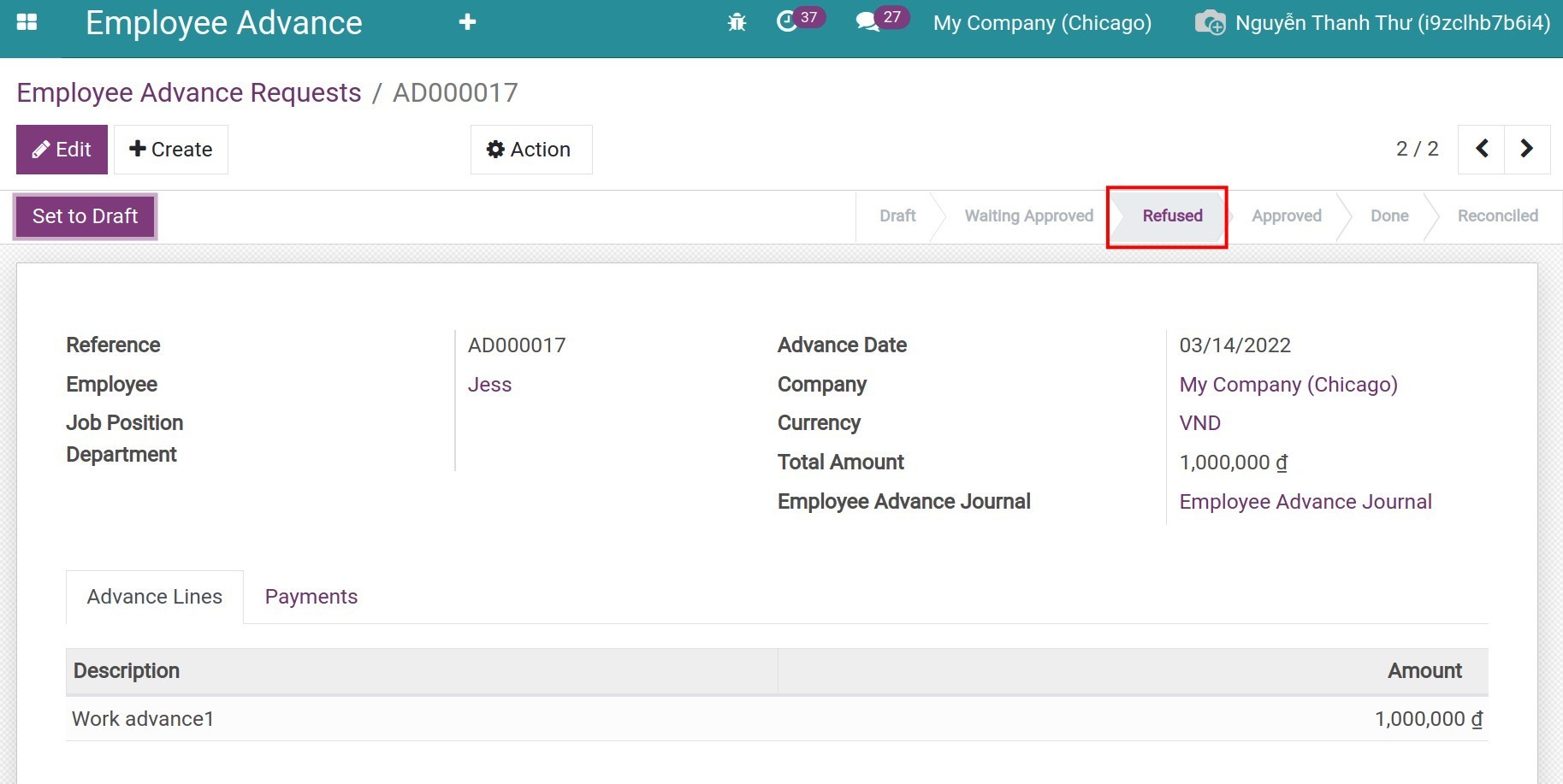 The advace request at the Refused state