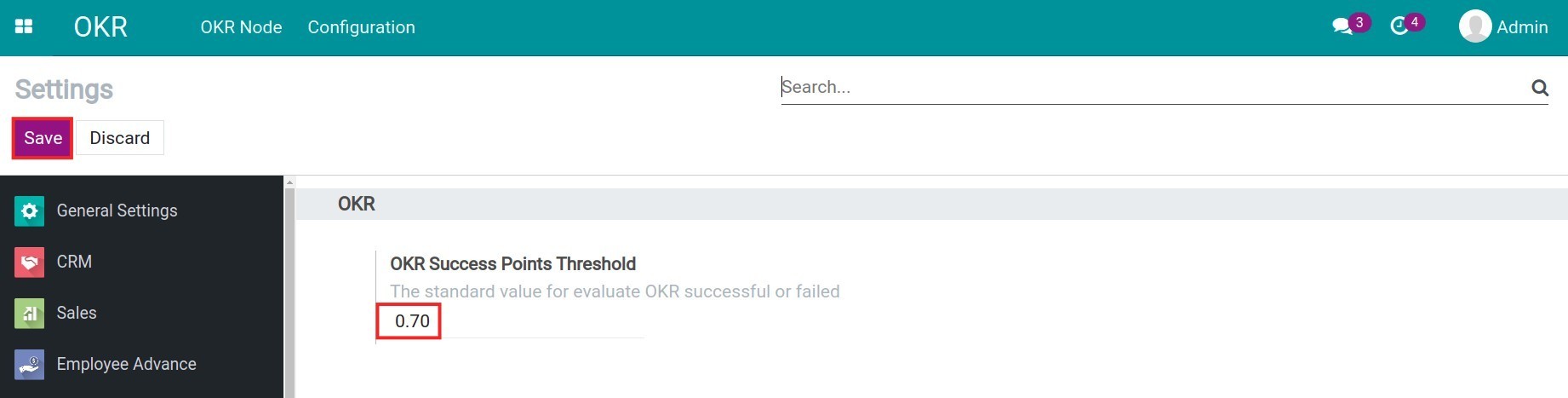 Set up default OKR success point threshold in Viindoo