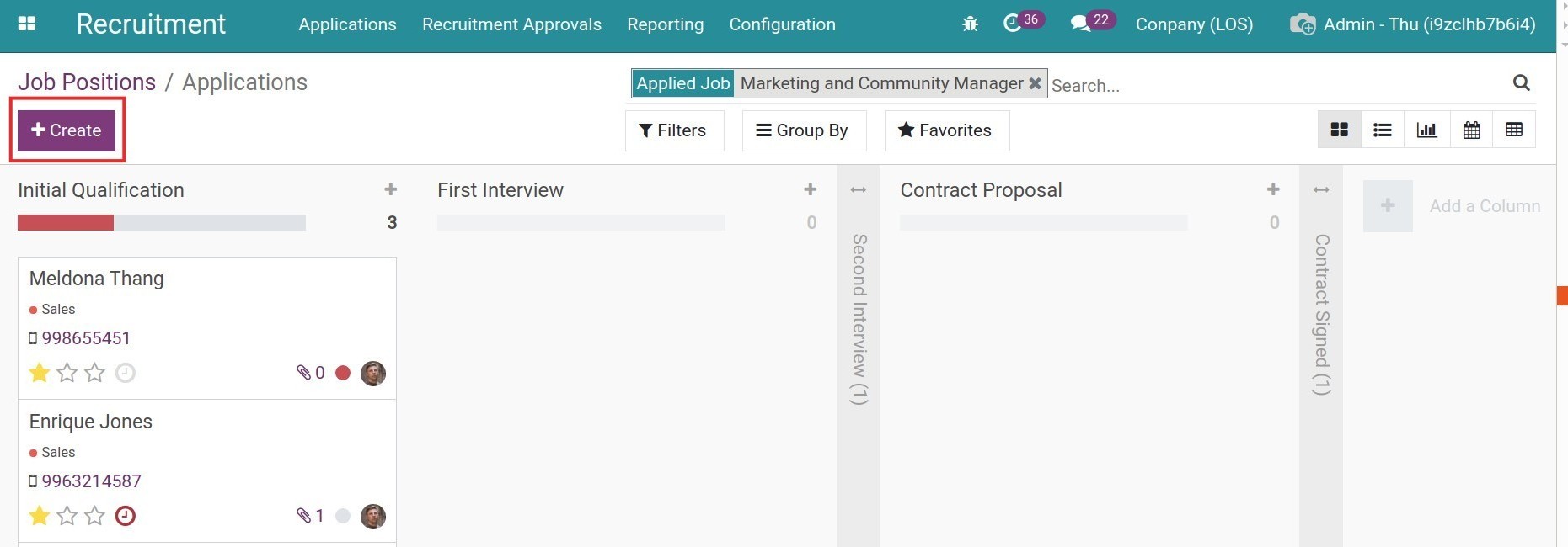 Create applicant for specific job position