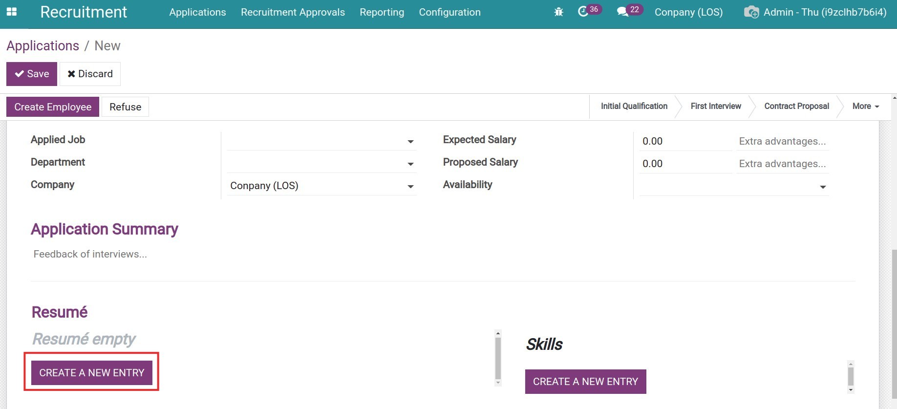 Create a new entry for Resumé