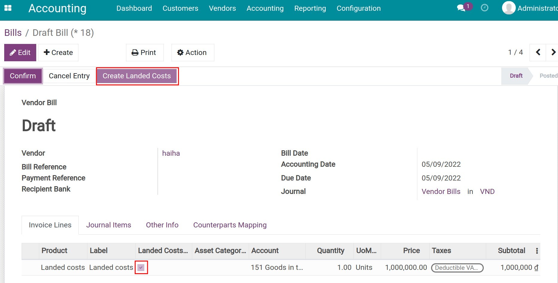 The landed costs in the Vendor bill