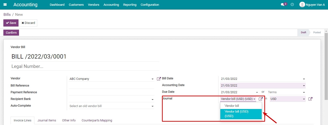 Choose the Journal in invoices Viindoo