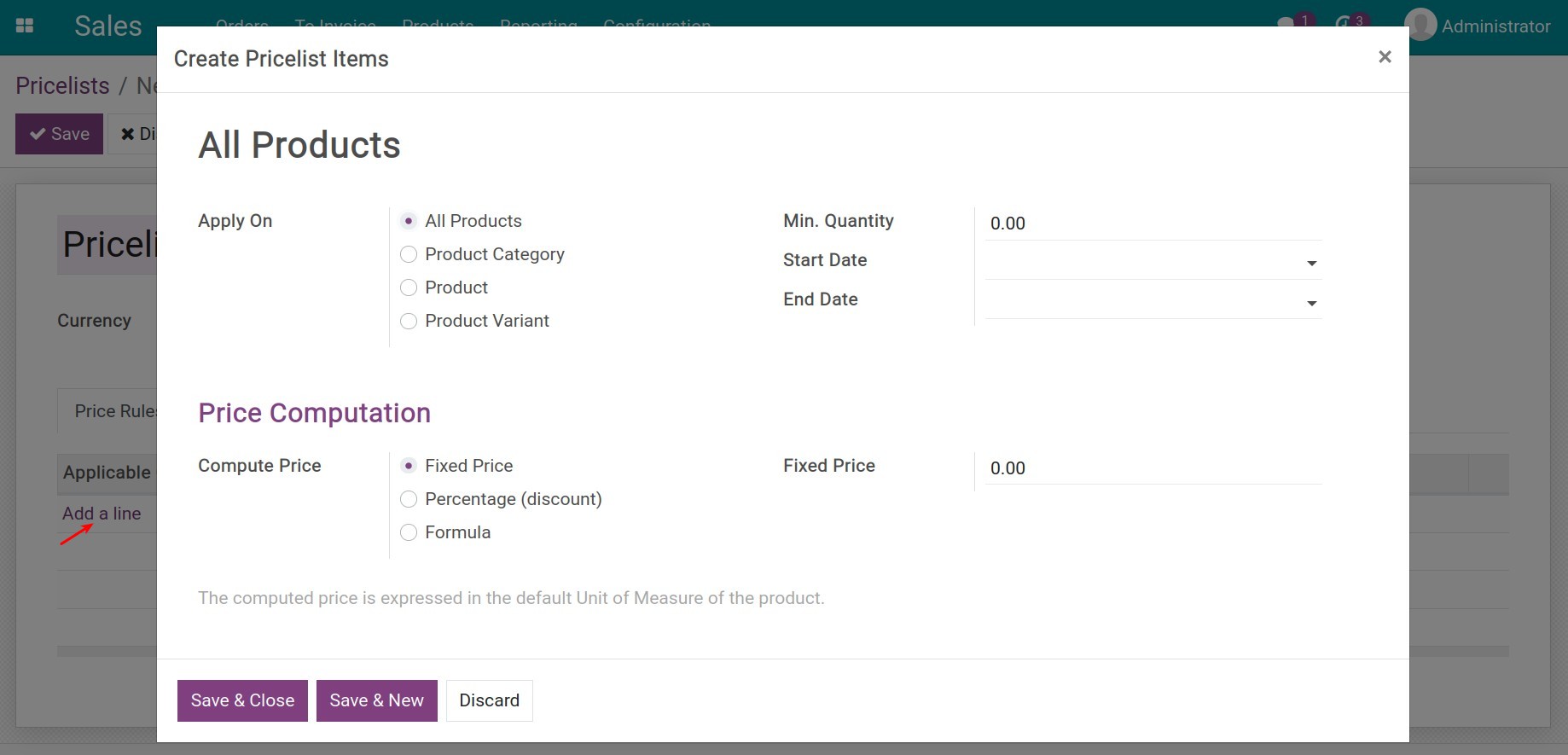 Create pricelist items window