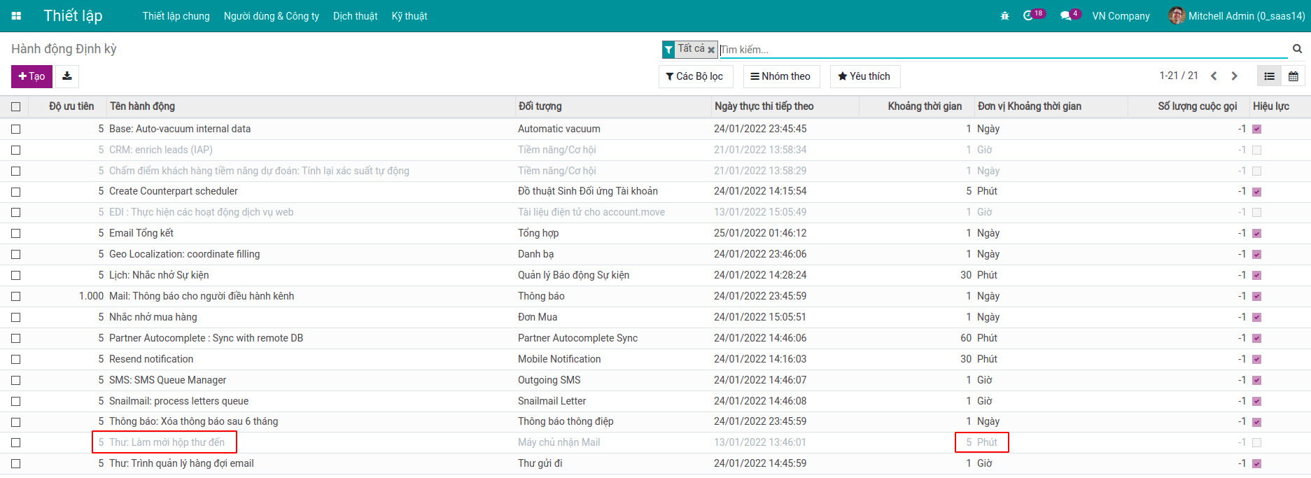 Hành động định kỳ thời gian tìm nạp Email