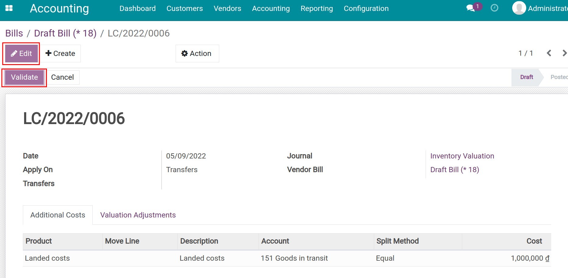 Confirmation of landed costs allocation