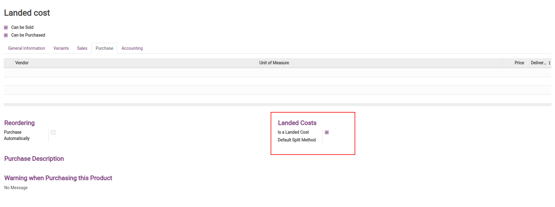 Configuring product for landed costs
