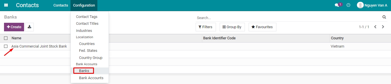 Set up a bank account from Contacts app Viindoo
