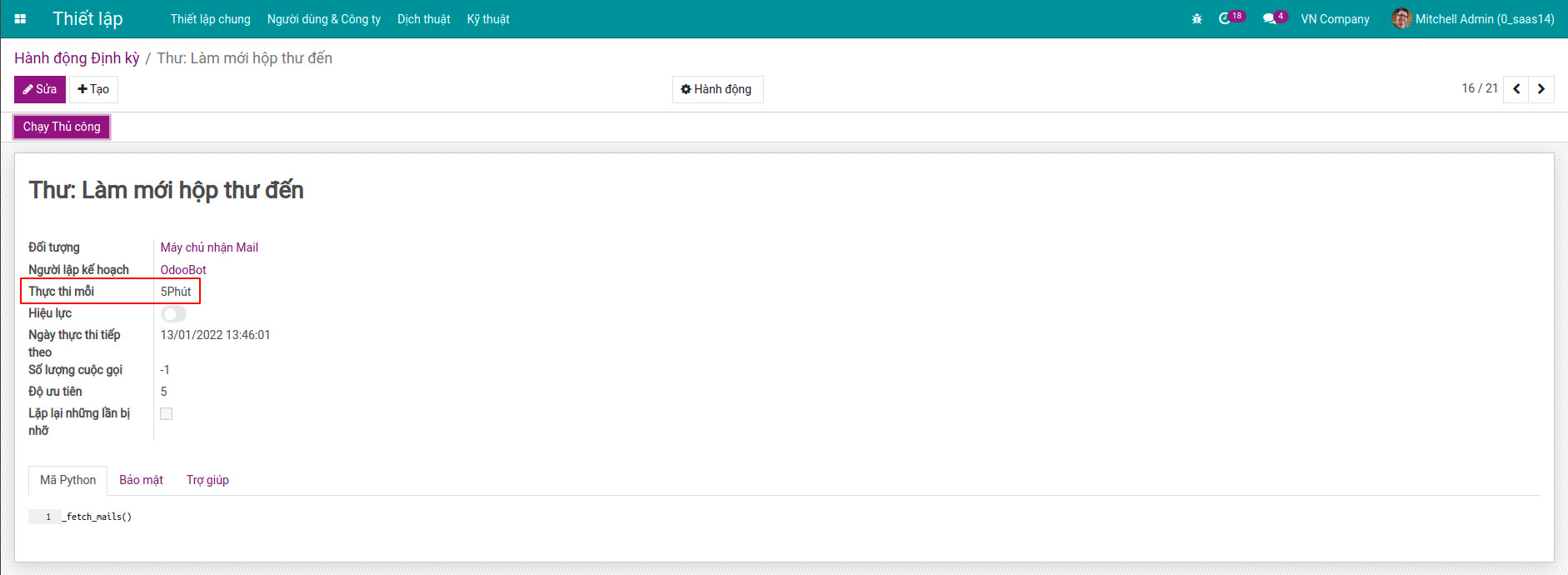 Thời gian tìm nạp Email